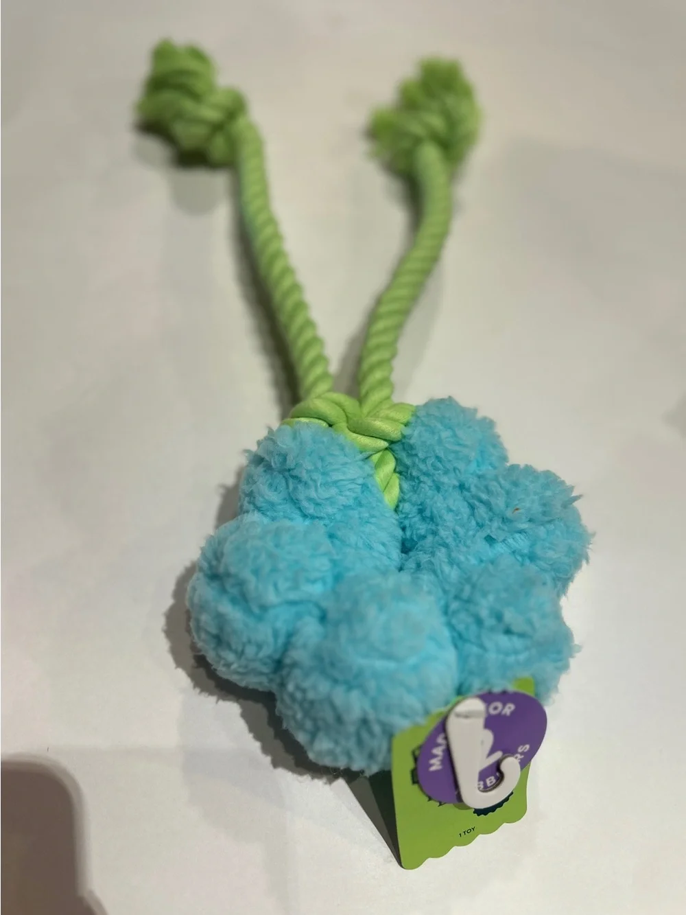 Plush Blue Pom Rope Dog Toy – Blue & Lime Green Keep your pup entertained nwt